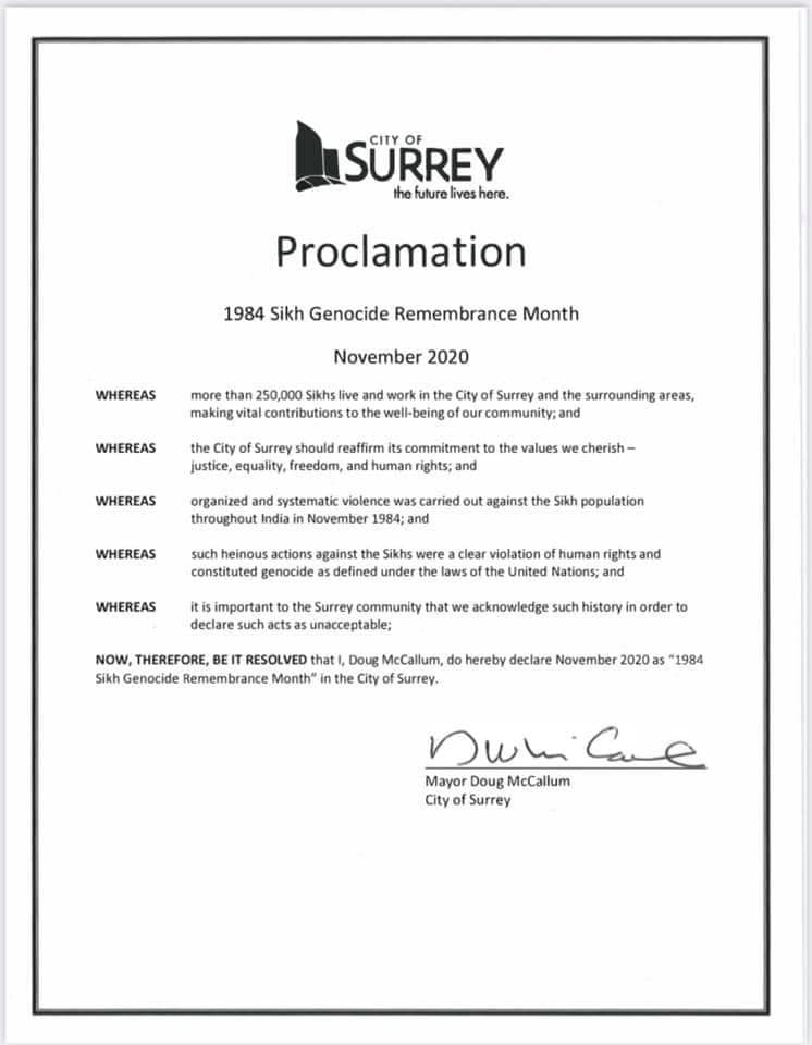 Surrey Proclaims November 2020 As 1984 Sikh Genocide Remembrance Month